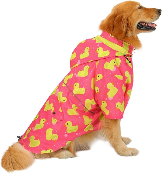 HDE Dog Raincoat Poncho Double Layer Zip Rain Jacket with Removable Hood, Leash Hole for Small to 3XL Dogs and Puppies Ducks Pink - 3XL