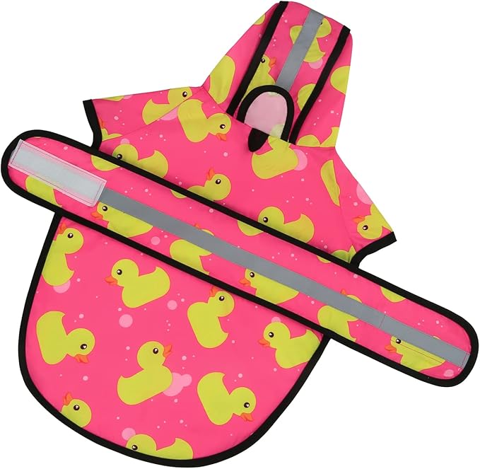 HDE Dog Raincoat Jacket Reflective Adjustable Hooded Pet Poncho Rain Coat with Leash Hole for Small to X-Large Dogs Pink Ducks - M