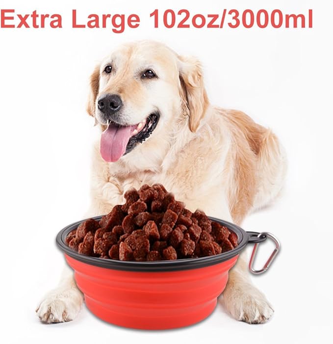 Extra Large Collapsible Dog Bowl, 3L XL Travel Dog Bowl, Foldable Travel Water Dish, 102oz X-Large Portable Collapsable Traveling Bowls with Carabiner for Dogs Walking, Hiking (Red)