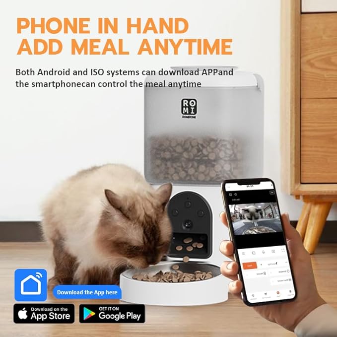 Romiromi Automatic Cat Feeder with Camera and Water Fountain 1080P HD Video 2.4G&5G WiFi Timed Auto Feeder with APP Control,Multiple Cats, Detachable for Easy Clean-White
