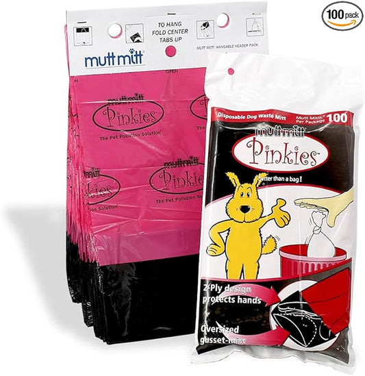 Mutt Mitt® Pinkies 2-Ply 100 Pink & Black Dog Waste Bags on 1 dog waste bag station header - 300% Thicker than mini roll dog waste bags - no more warm & yuck feeling