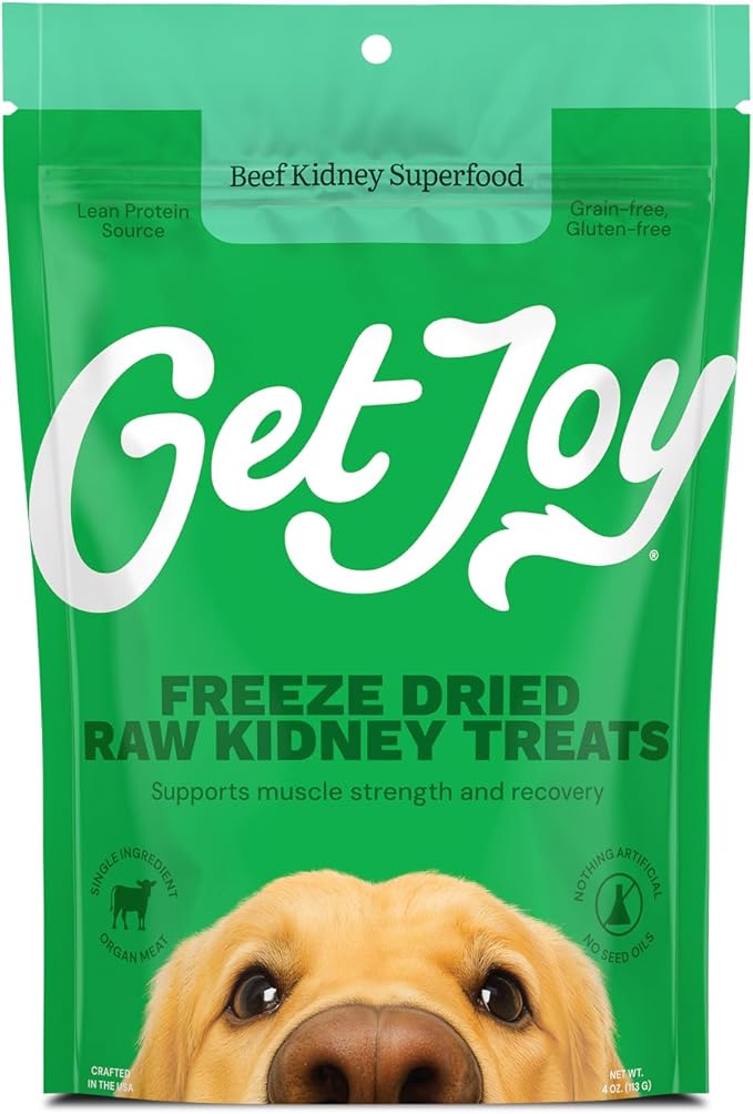 Get Joy Freeze Dried Superfood 100% Beef Kidney Dog Treats, 4 Ounce Bag, Single Ingredient Organ Meat, High Protein, Immune Health, Muscle Repair, Grain Free, Gluten Free, Made in USA