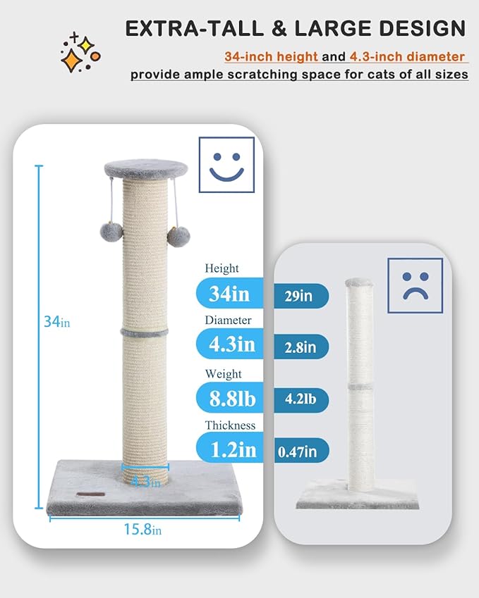 Kilodor Cat Scratching Post 34 Inches Large Sturdy Cat Post with Replaceable Sisal Scratcher and Hanging Ball Scratching Post for Indoor Cats Adult Grey
