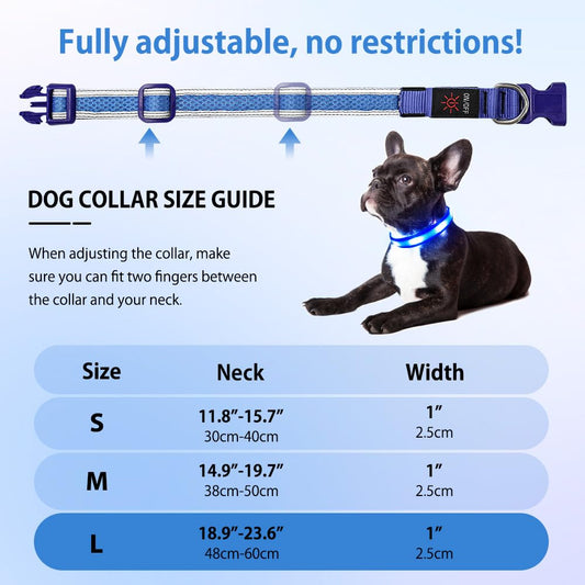 Illumifun LED Dog Collar, USB Rechargeable Light Up Collar Glow in The Dark, Reflcetive Safery Pet Light for Large Dogs Walking at Night (Large, Light Blue)