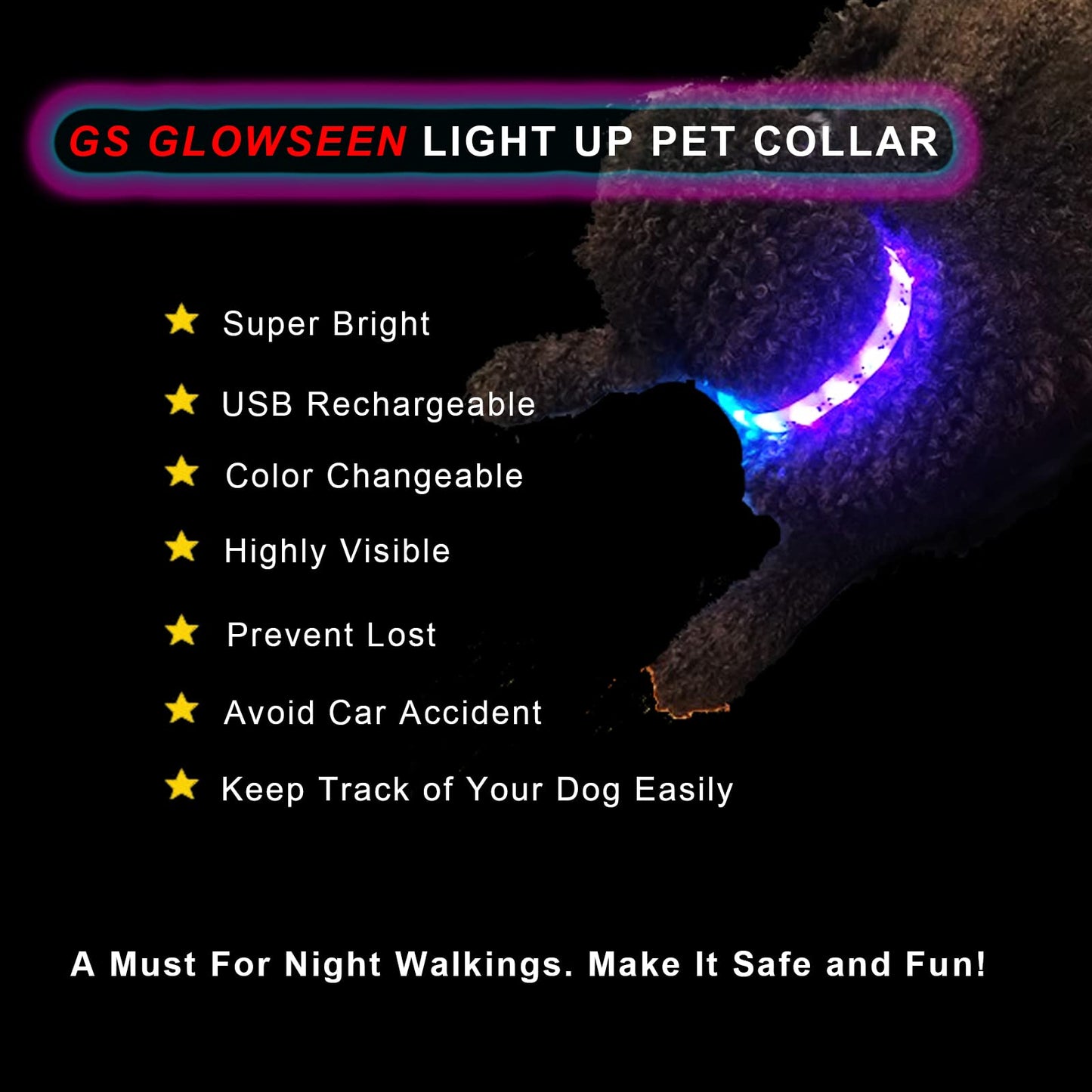 LED Dog Collar - Color Changeable Light Up Dog Collars USB Rechargeable,15 Light Effects Glow in The Dark Collar Weatherproof Fits for Small Medium Large Dog,Keep Your Pets Seen Safety High Visibility