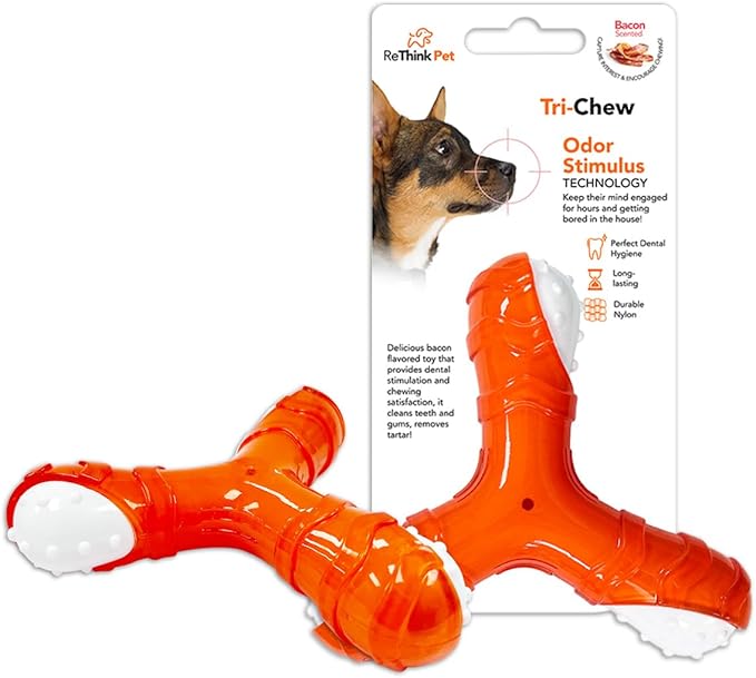 Tri-Chew Toy for Dogs, Bacon Scented, Long-Lasting and Durable Teething Toy, Odor Stimulating Tough Toy for Aggressive Chewers, Orange
