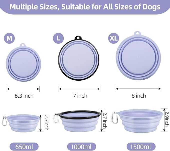Kytely Collapsible Dog Bowls 2 Pack - X-Large 1500ml Portable Pet Food & Water Bowl for Travel, Hiking, Walking - Foldable Feeding Dish with Carabiner Clip - Lavender & Pink (Dogs/Cats)