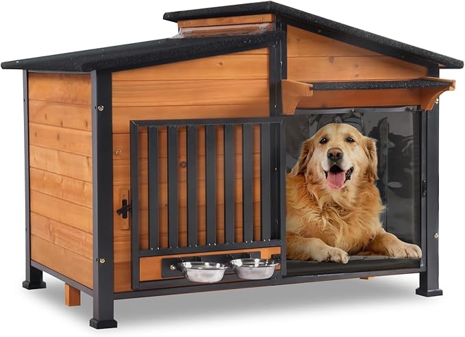 GUTINNEEN Outdoor Dog House Insulated Large Weatherproof Dog Shelter with Chew-Proof Full Metal Frame, 360° Rotatable Spill-Proof Bowl, Openable Roof, Removable Inner Floor for Dogs