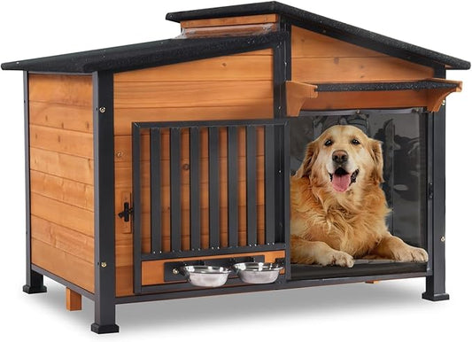 GUTINNEEN Outdoor Dog House Insulated Large Weatherproof Dog Shelter with Chew-Proof Full Metal Frame, 360° Rotatable Spill-Proof Bowl, Openable Roof, Removable Inner Floor for Dogs