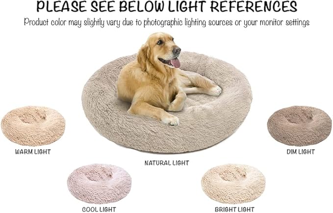 Friends Forever Donut Dog Bed Faux Fur Fluffy Calming Sofa For Medium Dogs, Soft & Plush Anti Anxiety Pet Couch For Dogs, Machine Washable Coco Pet Bed with Non-Slip Bottom, 30"x30"x7" Tan