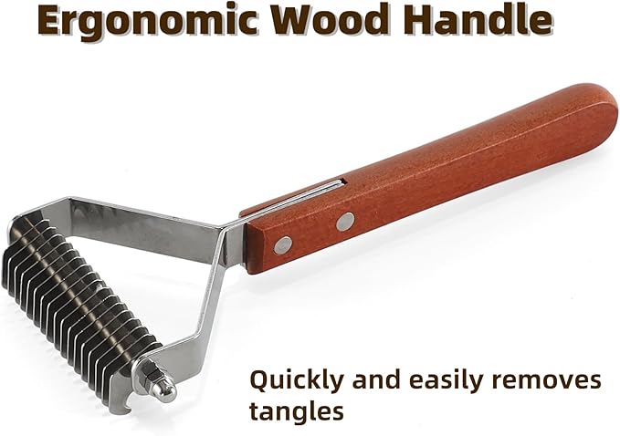 Dog Undercoat Rake Cat Grooming Rake with Wooden Handle Dematting Undercoat Brush for Medium Hair Coat Rake for Dogs Knot Removal and Shedding Control L