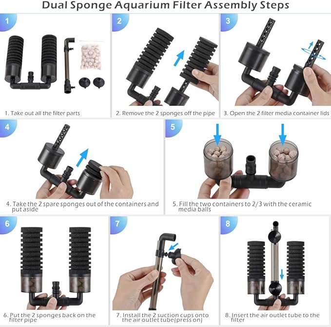 hygger Sponge Filter, Aquarium Filter Double Sponge Replaceable Media with 4 Biochemical Sponges and 1 Bag of Filtered Ceramic Balls Ultra Quiet Filter Fish Tank (S/M)