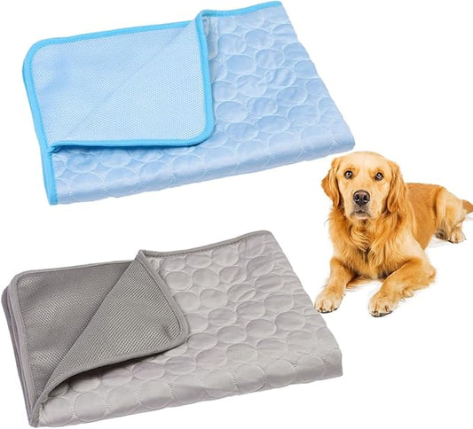 Wontee Dog Cooling Mat Pet Ice Silk Pad Washable Summer Sleeping Bed for Crate, Bed, Sofa, Indoor & Outdoor Floor, Car Seats (Blue + Grey, L)
