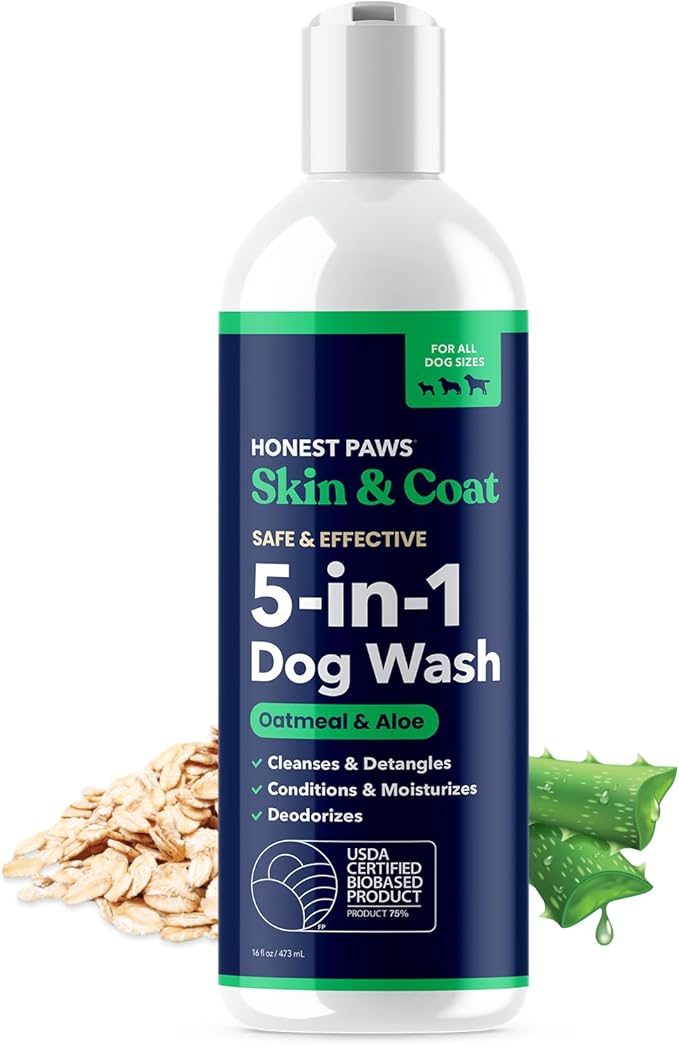 Honest Paws Dog Shampoo and Conditioner - Premium Dog Wash for Allergies and Dry, Itchy, Moisturizing for Sensitive Skin - Sulfate Free, Plant Based, All Natural - Oatmeal & Aloe -16 Fl Oz