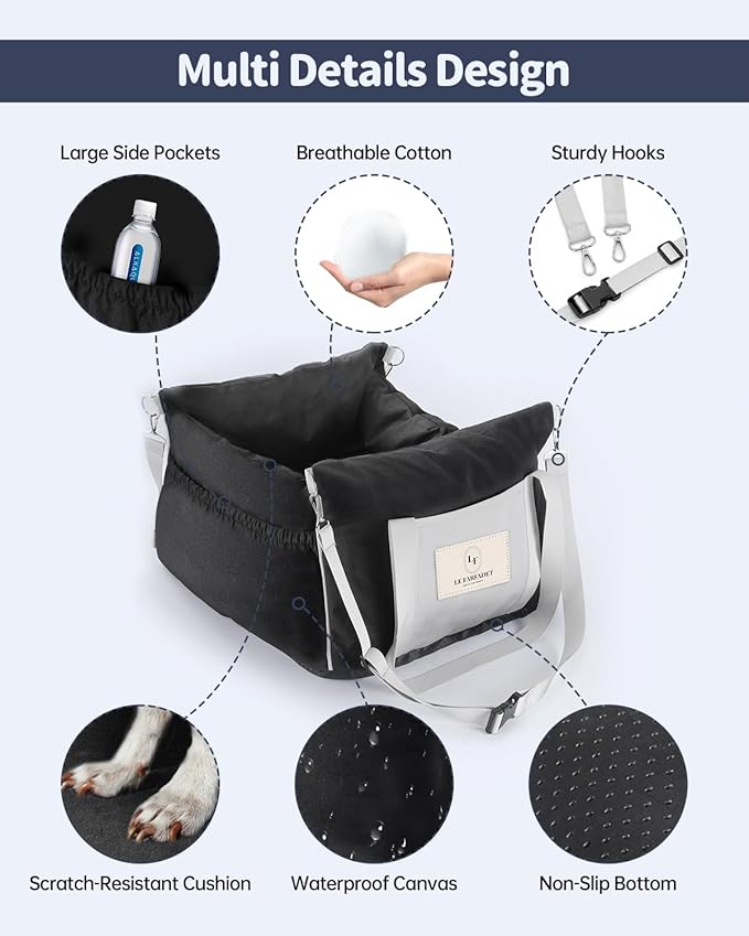 Dog Car Seat for Dogs - Waterproof Dog Booster Seat for Car with Storage Pockets, Clip-On Safety Leash and Soft Plush Cushion, Pet Travel Carrier Bed with Durable Belts up to 25 lbs (Grey, Medium)