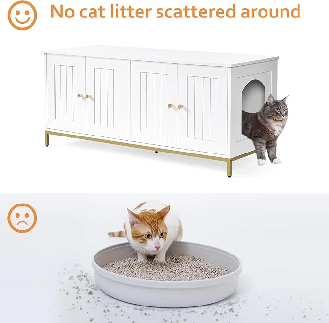Homhedy Cat Litter Box Enclosure for 2 Cats, Cat Washroom Furniture with Double Room, Pet House with Metal Frame, 47.2”L x 17.7”W x 21.7”H, White and Gold