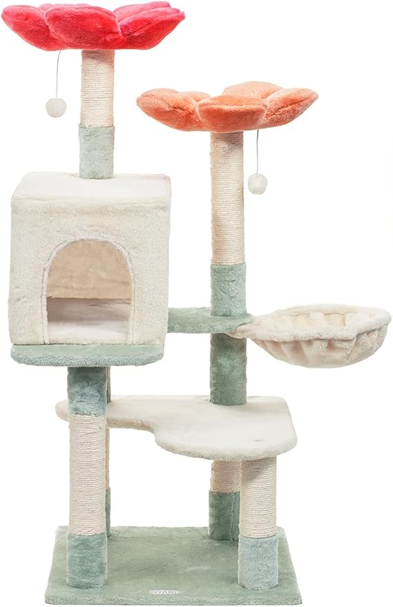 HYABi 48-inch Modern Cat Tree with Hanging Basket & Flower Design, Multi-Level Cat Tower with Plush Perches, Sisal Scratching Posts & Toy Balls, Stylish Indoor Playhouse for Cats & Kittens