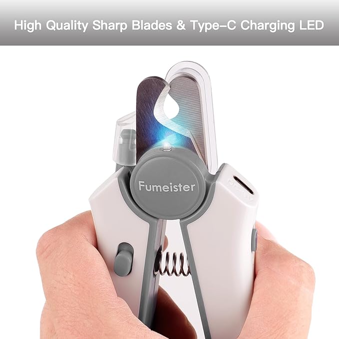 Type-C Rechargeable Dog & Cat Nail Clippers - LED Pet Nail Trimmer with Built-in Nail File, Extra Sharp Blades for Small & Medium Dogs, Indoor Cats (White-Gray)
