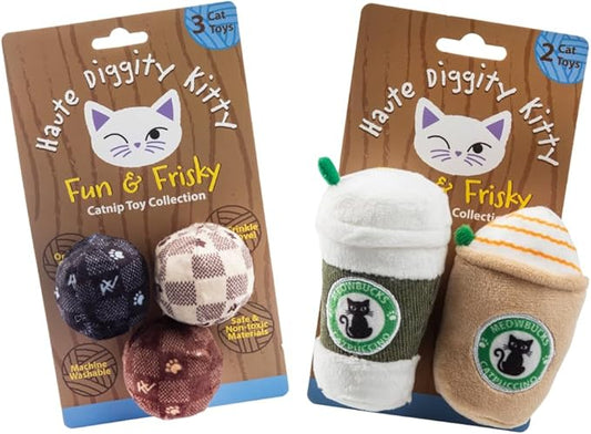 Vuiton Checker Balls + Meowbucks Catpuccino Set, Plush Cat Toys Catnip Filled with Interactive Crackle Sound, Safe & Durable Toys for Cat & Kitten, 5 Pcs