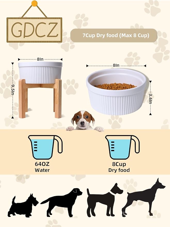 Large Dog Food Bowl, 65 oz Ceramic Bowls for Medium Breed, Pet Food Water Dish Heavy Wighted, Raised Dog Bowl with Wooden Stand, White