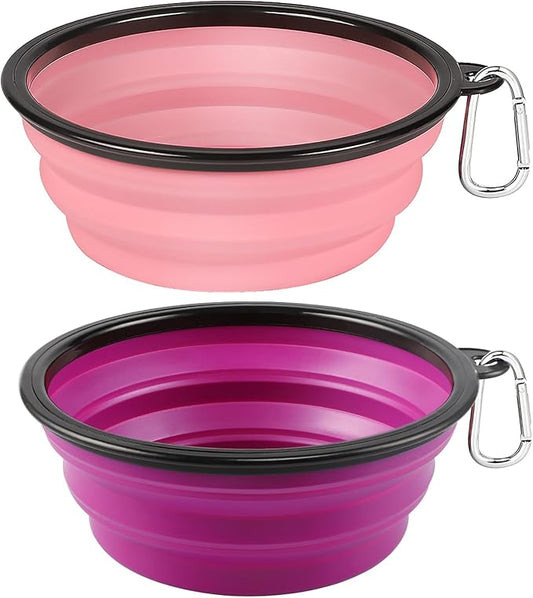 Kytely Large Collapsible Dog Bowls 2 Pack, 34oz Foldable Dog Travel Bowl, Portable Pet Water Food Bowl with Clasp, Pet Cat Feeding Cup Dish for Traveling, Walking, Hiking (Pink+Purple)