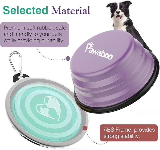 Pawaboo Collapsible Dog Bowls 2 Pack, Silicone Feeding Watering Bowls with Lids & Carabiners for Dogs Cats, Portable Collapsable Water Feeder Food Bowl for Walking Traveling Home Use, VioletTurquoise