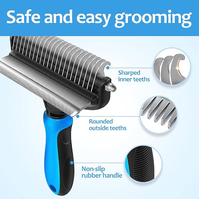 [ 2 in 1 design ] Undercoat Rake and Deshedding Tool for Dogs and Cats - Dematting Comb for Long Hair Pets, Grooming Brush to Clear Mats, Tangles and Reduce Shedding by 95%