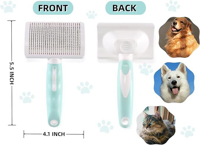 Dog Self-Cleaning Slicker Brush with One Button Fur Removal and Coated Tips Deshedding Brush for Long Hair Dogs and Cats for Shedding Massaging Grooming Green