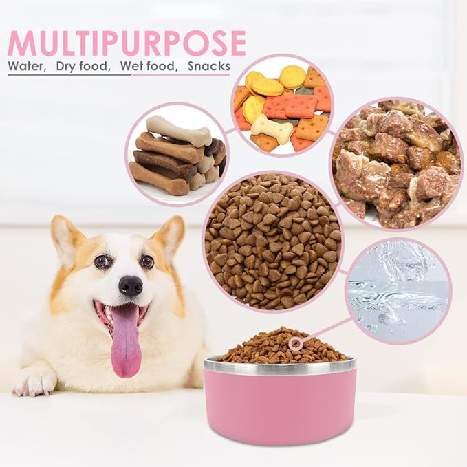 IKITCHEN Dog Bowl for Food and Water, 40 Oz Stainless Steel Pet Feeding Bowl, Durable Non-Skid Double Wall Insulated Heavy Duty with Rubber Bottom for Medium Large Dogs (40 Ounces/5 Cup, Pink)