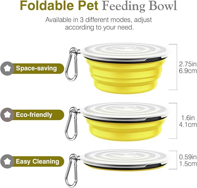 Pawaboo Collapsible Dog Bowls 2 Pack, Silicone Feeding Watering Bowls with Lids & Carabiners for Dogs Cats, Portable Water Feeder Food Bowl for Walking Traveling Home Use, 1000ml, Yellow + Black