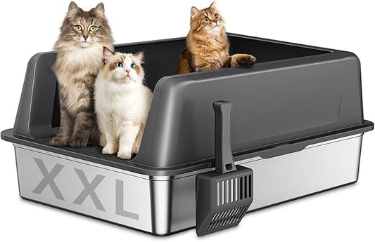 Zarler XXL Stainless Steel Litter Box for Cats, Extra Large Metal Cat Litter Box with Lid, High Sided Non-Stick Design, Leak Proof and Rust Resistant, 28 x 20 x 13 Inches, Grey