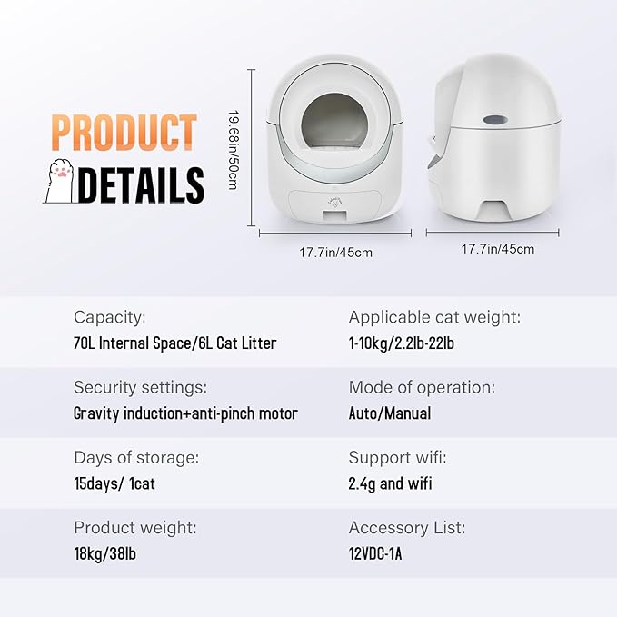 Extra Large Self Cleaning Cat Litter Box, with APP Control Smart Odor Removal Automatic Cat Litter Box, Odor Removal Safety Protection for Multiple Cats