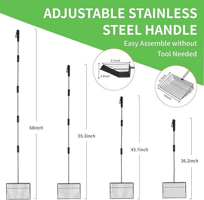 Large Chicken Poop Scooper, Metal Coop Scoop with 32" to 67" Adjustable Long Stainless Steel Handle, Chicken Poop Scooper for Sand with Heavy Duty Sifting Shovel for Chicken/ Horse/ Pet Coops (10 IN)