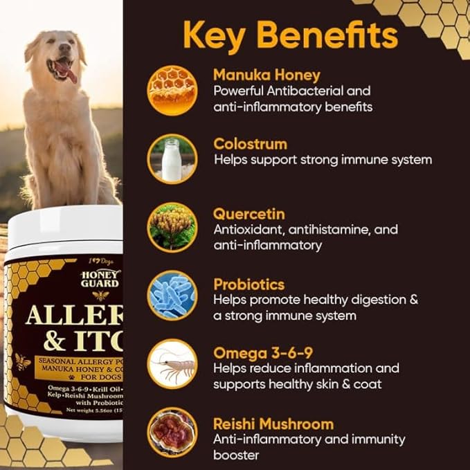 iHeartDogs Honey Guard Allergy & Itch Omega-3-6-9 Powder for Dogs Extra Strength with Manuka Honey, Quercetin, Colostrum, Kelp, Krill Oil & Probiotics - 90 Scoops