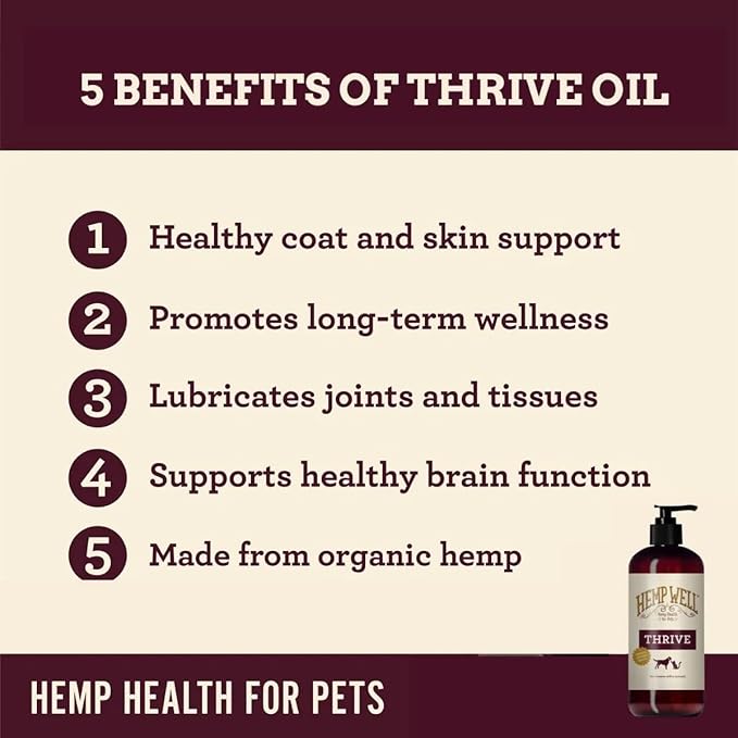 Hemp Well Thrive Oil for Dogs and Cats – Supports Hip, Joint, and Heart Health, Promotes Immune System, and Promotes Healthy Skin from Seasonal Allergies, Organically Sourced - 16 Ounces