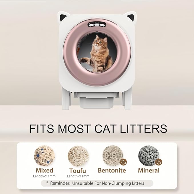 BZW Automatic Cat Litter Box, Self Cleaning Litter Box Large Capacity for Multiple Cats with App Control and Safety Protection, 1 Roll Garbage Bags, Rose Gold