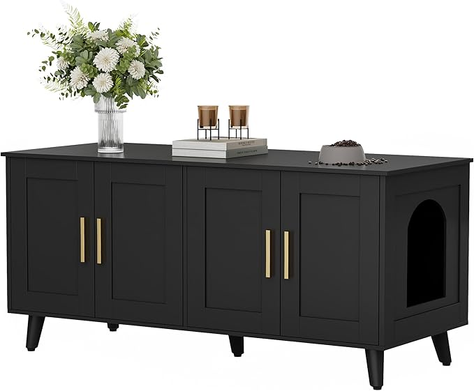 Homhedy Cat Litter Box Enclosure for 2 Cats, Wooden Cat Washroom Furniture with Double Doors, Stylish Pet House to Hide Litter Box, Save Space, Black
