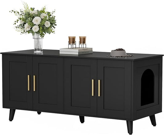 Homhedy Cat Litter Box Enclosure for 2 Cats, Wooden Cat Washroom Furniture with Double Doors, Stylish Pet House to Hide Litter Box, Save Space, Black