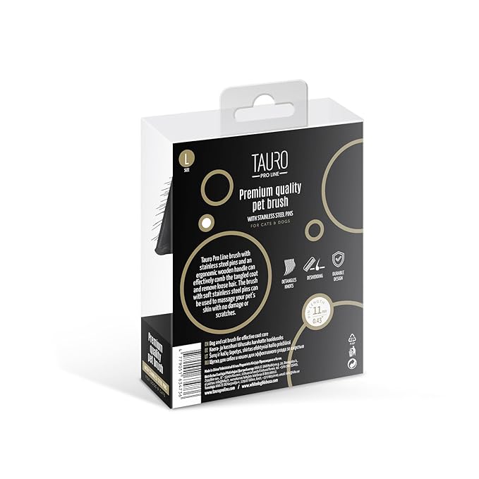 Tauro Pro Line Wooden Dog Brush for Shedding - Long & Short Hair Deshedding & Detangling Brown Slicker Brush for Dog & Cat Grooming - Flexible Cushion & Lightweight, Ideal for All Coat Types, L