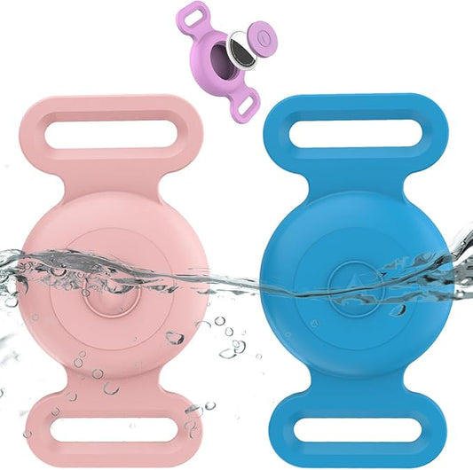 Waterproof Airtag Dog Collar Holder Compatible With Apple AirTag - Silicone Case for Pet GPS Tracker, Anti-Lost Holder for Cat (2 Pack, Pink & Blue)