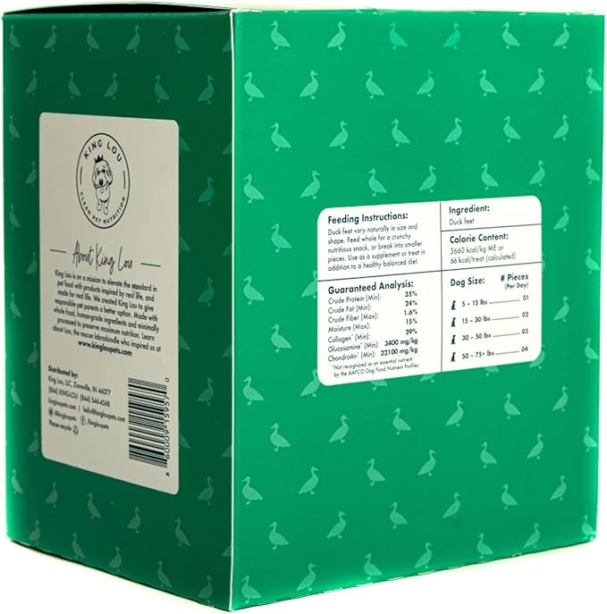 King Lou Pets - Whole Duck Feet for Dogs - Single Ingredient Treat - Dehydrated Dog Treats - USA-Made Dog and Cat Treats - Collagen, Glucosamine, Chondroitin for Hip and Joint Health - 40 Count