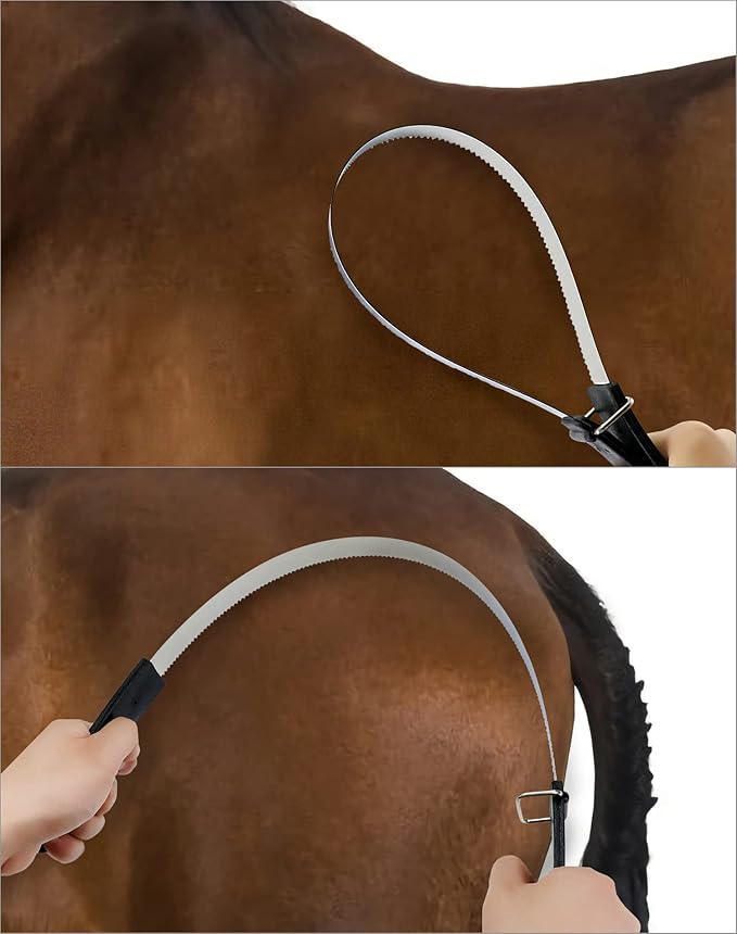 QWORK Horse Groming Shedding Blade, 2 Pcs Stainless Steel Double Sided Hair Brush Scraper with Rubber Handle, for Dogs and Horses