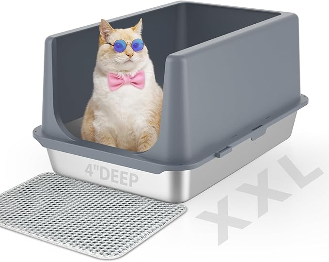 LIHONG Stainless Steel Litter Box with Lid, XL Metal Cat Litter Tray for Indoor Cats, Enclosure Cat Litter Pan for Large Cats, Non-Sticky Large Kitty Litter Box, Anti-Leakage, 23.5" X 15.6" X 12"