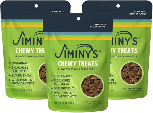 Jiminy's Chewy Cricket Dog Training Treats, Chewy, Low Calorie, Hypoallergenic, Made in USA, 6oz, Sweet Potato & Pea (Pack of 3)