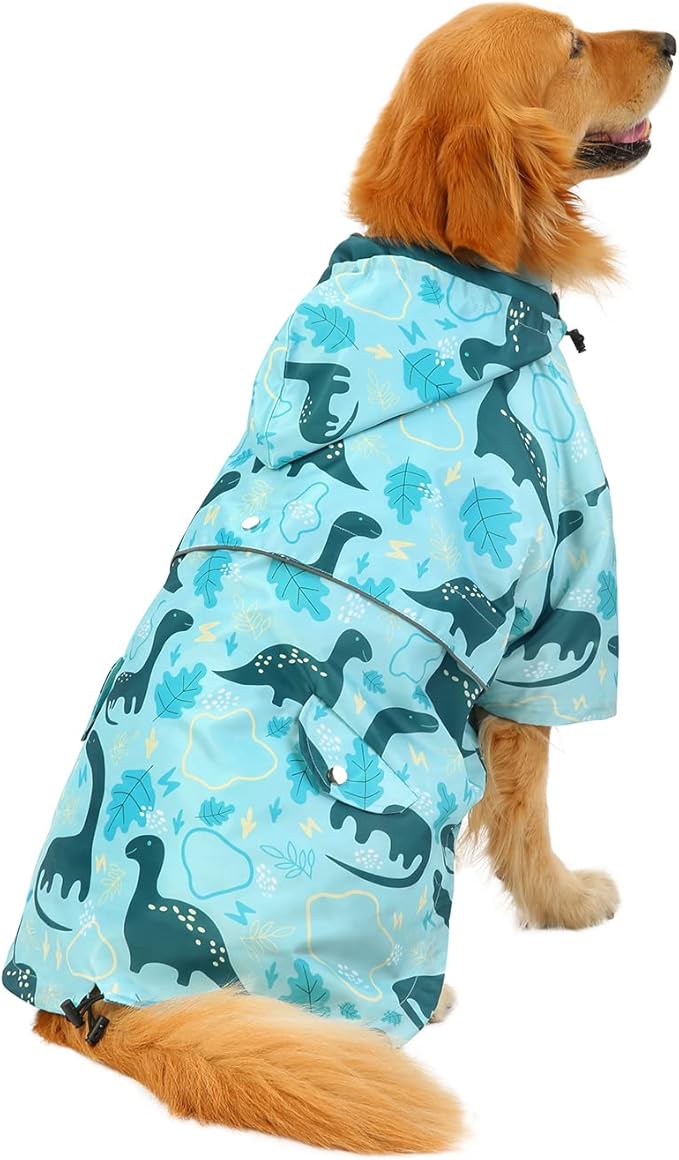 HDE Dog Raincoat Poncho Double Layer Zip Rain Jacket with Removable Hood, Leash Hole for Small to 3XL Dogs and Puppies Dinosaurs - 3XL