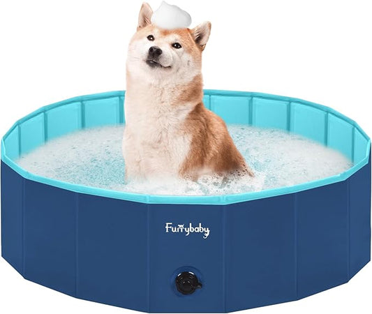 Furrybaby Dog Pool, Kiddie Pool with Hard Plastic Foldable Dog Bath Tub Portable for Dogs, Kids and Pet Swimming (Navy 39'') Indoor and Outdoor