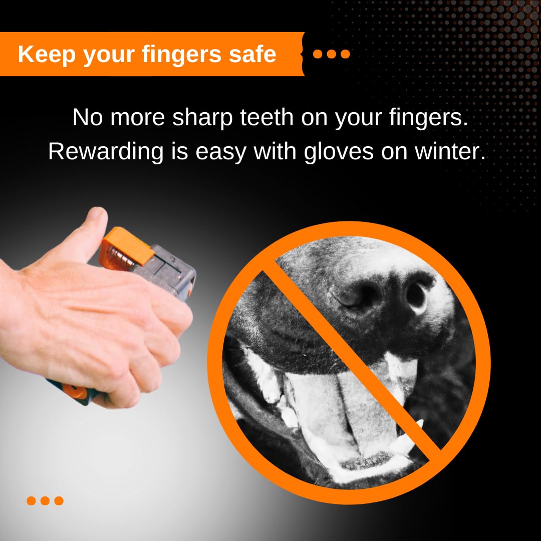 Handheld Dog Treat Dispenser, Offers a Treat (Max. diameter 3/4") in a Clean and Safe Way, Easy 1 Hand Operation, Slices Cheese, Meat Rolls etc. into Treats, Made in Finland