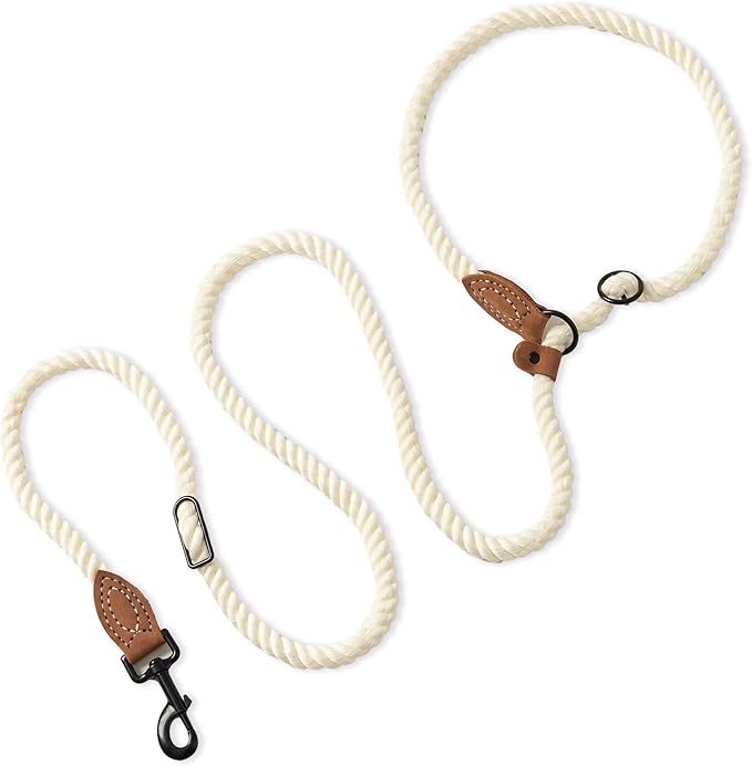 Mile High Life Hands Free Dog Leash, Crossbody Waist Leash with Genuine Leather Connection, Multifunctional Adjustable Slip Lead for Dog Walking Running (Cream, 7FT)