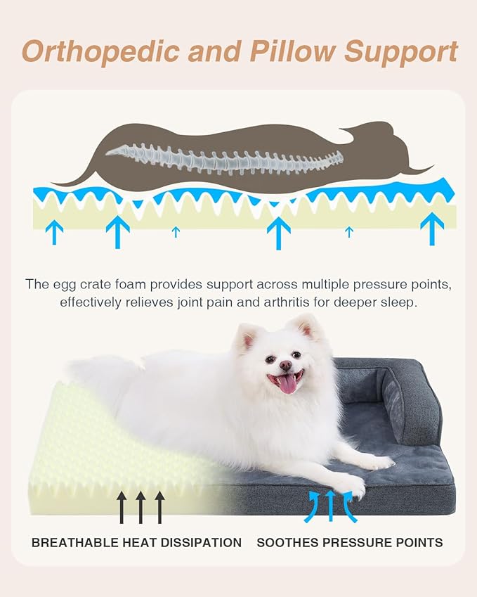 KSIIA Orthopedic Dog Bed for Small Dogs，Washable Pet Sofa with U-Shaped Bolster Removable Waterproof Cover Non-Slip Bottom and Egg-Crate Orthopedic Foam Pet Couch Bed, 29 x 18 Inch, Dark Gray