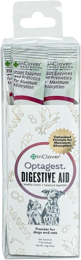 InClover Optagest Natural Digestive Aid, Organic Prebiotics & Enzymes Supplement Powder for Dogs and Cats - Promotes Healthy Stools, Less Gas, Optimal Nutrient Absorption, Intestinal Balance, 7 sticks